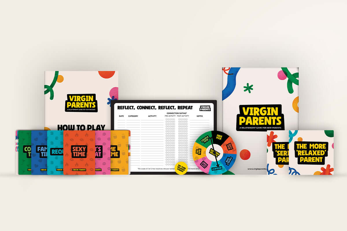 Each Virgin Parents kit includes cards, how to play booklet, decision coin, spinner, coasters and reflection sheets